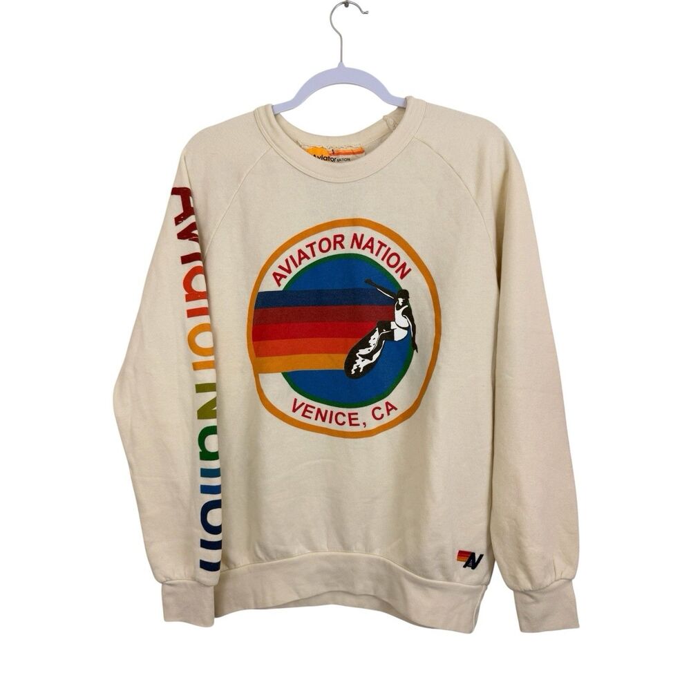 Aviator Nation Rainbow Stripe White Sweatshirt Sz Small Long Sleeve Surfer